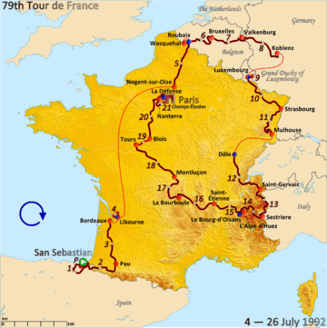 Map of France with the route of the 1992 Tour de France