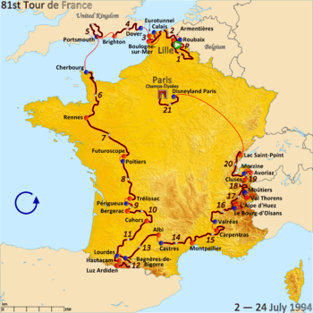 Map of France with the route of the 1994 Tour de France