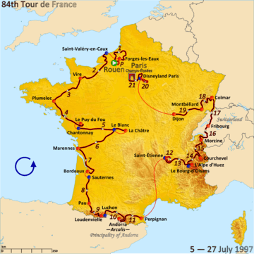 Map of France with the route of the 1997 Tour de France