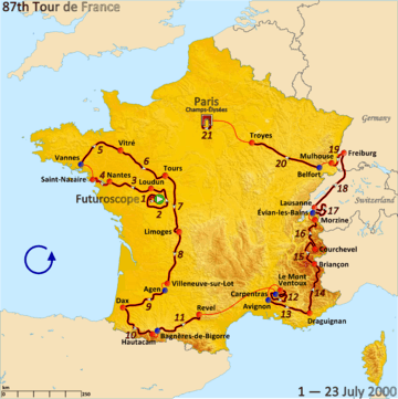 Map of France with the route of the 2000 Tour de France
