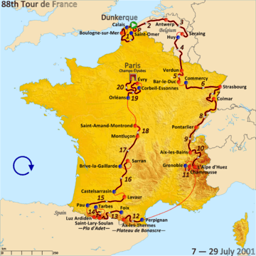 Map of France with the route of the 2001 Tour de France