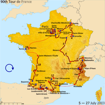 Map of France with the route of the 2003 Tour de France