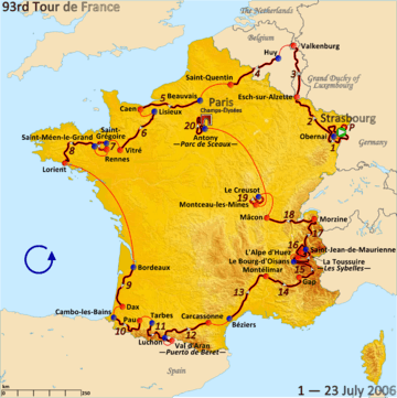 Map of France with the route of the 2006 Tour de France