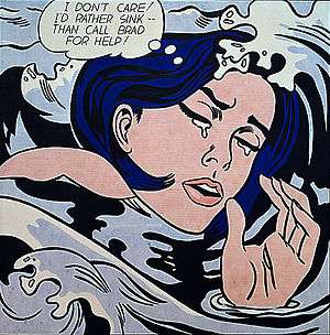 A woman's crying face is overwhelmed by waves as she thinks, "I don't care! I'd rather sink than call Brad for help!"