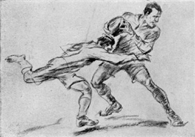 Drawing of two men playing rugby
