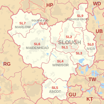 SL postcode area map, showing postcode districts, post towns and neighbouring postcode areas.