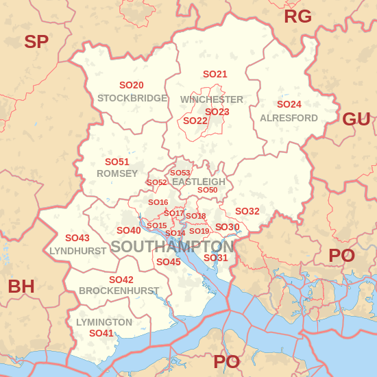 SO postcode area map, showing postcode districts, post towns and neighbouring postcode areas.