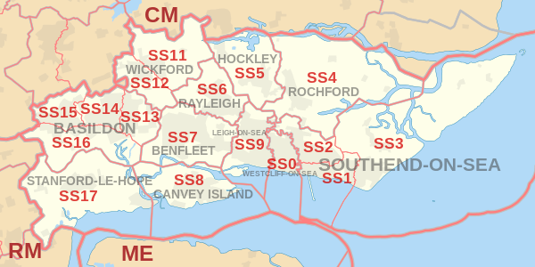 SS postcode area map, showing postcode districts, post towns and neighbouring postcode areas.