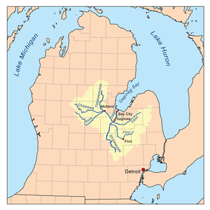 Map of the Saginaw River watershed showing the Pine River as one of its major tributaries