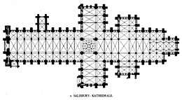 The plan of Salisbury Cathedral is a long Latin cross with an additional smaller transept towards the eastern end. A wide square at the crossing of the western transept marks the location of the central tower. A porch juts from the nave on the north side. A chapel extends from the square eastern end.