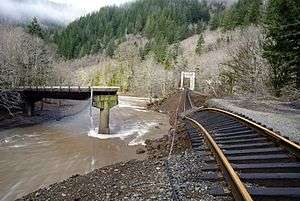 Twisted and broken railroad tracks above the muddy Salmonberry River in a forested canyon