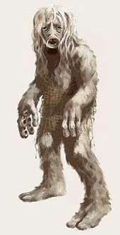 A drawing of a shaggy looking humanoid creature. It has a round mouth with small sharp teeth. The inside of the creature's fingers have suckers on them like an octopus.