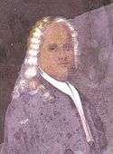 A reproduction of a painting of Samuel Carpenter, a white male with long white hair. He is standing side on with his right shoulder pointing towards the viewer