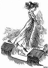 Caricature of a woman in a long gown and flying hair, jumping from the battlements of a castle