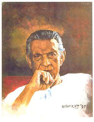A portrait of Satyajit Ray wearing a white Kurta and right-hand kept on his chin