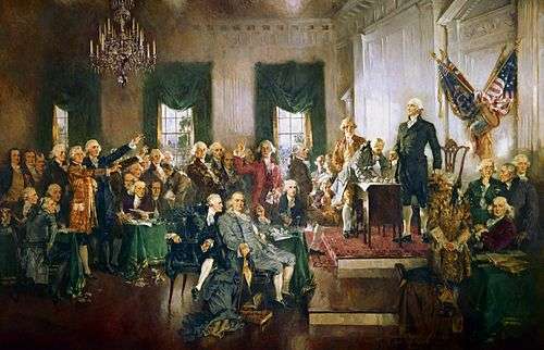 Painting of a crowd of men gathered in a hall with chandeliers and American flags.