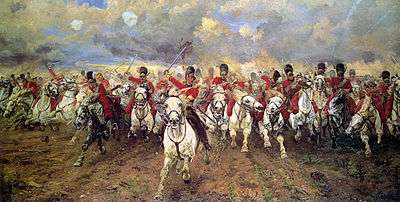 Painting of red-coated cavalrymen in bearskin hats galloping directly toward the viewer