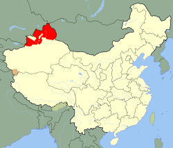 Located in three contiguous prefectures in Xinjiang, or Northwest China. Contiguous, but with three Chinese enclaves.