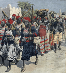 A painting of a column of black soldiers and porters accompanied by a white French officer