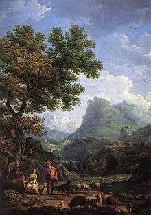 Landscape painting, showing a mountain scene with an adoring couple surrounded by sheep in the foreground. The scene is dominated by a large, leafy green tree at the left and blue sky with white clouds, contrasted against the mountain at the top of the painting.