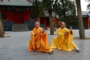 Shi Deru and his Shaolin brother Shi Deyang, wearing traditional orange monk robes, pose in modified horse stance in front of the Shaolin Temple.