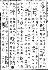 page of a Chinese dictionary, with headings in seal script and entries in conventional script