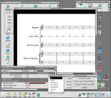 An application window showing music notation software. Musical staves are in the center of the screen, toolbox windows are above, below, and to the left.
