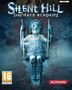A cover of a video game. It depicts a female child encased in ice on a swing, surrounded by an icy environment; on the upper part of the image, a title reads "Silent Hill: Shattered Memories". Other markers indicate that this game is published by Konami in the PAL region and is intended for gamers sixteen years old and older.