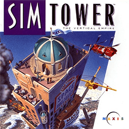 A video game cover art. A skyscraper is in the foreground; fire is coming out of one of its floors, and a helicopter flies towards the building.