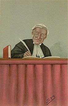 Seated with glasses and judge's robes, writing with a quill pen
