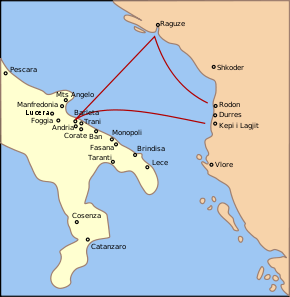  A map showing the routes taken Skanderbeg and his subordinates across the Adriatic Sea to Southern Italy.