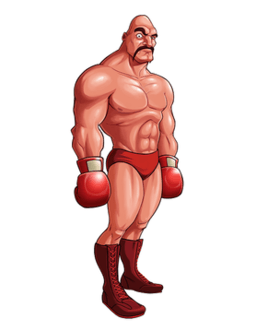 A large, muscular man cocking his eye forward. He is wearing a red speedo boots, and red boxing gloves. He is bald and had a mustache.