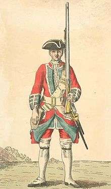 A soldier of the 39th Regiment of Foot stands with his rifle (c. 1742)