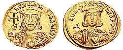 Obverse and reverse of a gold coin, showing the bust of a crowned bearded man, holding a large cross and an akakia, and a crowned beardless youth, holding a globus cruciger and an akakia