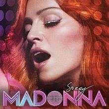 Head-shot of a woman with fiery red hair. Her face is turned to the right and her mouth is a little open and eyes closed. Beneath her face the word "MADONNA" is written in capital font in pink and white lines. Above it, the word "Sorry" is written in thin white flowing scripts.