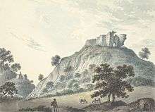A drawing of a castle on a hilltop.