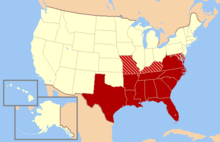 map of United States with southeastern states highlighted in shades of red