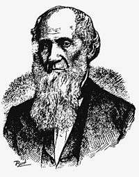 A black and white engraved portrait of an elderly man with a long beard and sporting a suit