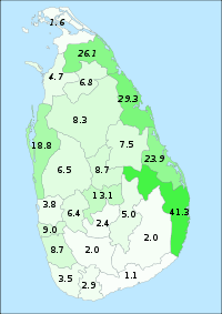 Distribution of Moors in Sri Lanka based on 2001 and 1981 (italic) census. (Note: Large population movements have occurred since 1981, hence 2001 data for Northeastern areas (italic) do not exist