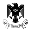 A black eagle with its head turned to the left. Underneath the eagle is a scroll with the school logo (Caritas Christi Urget Nos) written on it.