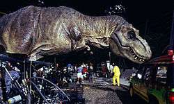 A life-sized Tyrannosaurus robotic model, with hydraulics where the dinosaur's feet would be, touches a car in a movie set.