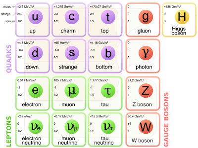 A table with four rows and four columns, with each cell containing a particle identifier