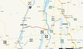 NY 74 and VT 74 both follow east–west alignments from Interstate 87 in Schroon, New York, to VT 30 in Cornwall, Vermont. The combined route passes through Ticonderoga, where NY 74 intersects NY 22, crosses Lake Champlain, and intersects VT 22A in Shoreham.