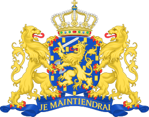 Azure, billetty Or a lion with a coronet Or armed and langued Gules holding in his dexter paw a sword Argent hilted Or and in the sinister paw seven arrows Argent pointed and bound together Or. [The seven arrows stand for the seven provinces of the Union of Utrecht.] The shield is crowned with the (Dutch) royal crown and supported by two lions Or armed and langued gules. They stand on a scroll Azure with the text (Or) "Je Maintiendrai" (French for "I will maintain".)