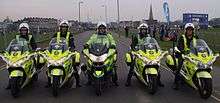 St John livered ambulance motorcycles parked at the blue start for Virgin London Marathon 2010