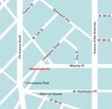 A color digital map of the Greenwich Village neighborhood surrounding the Stonewall Inn in relation to the diagonal streets that make small triangular and other oddly shaped city blocks