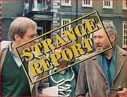 Strange Report title superimposed over the three main characters