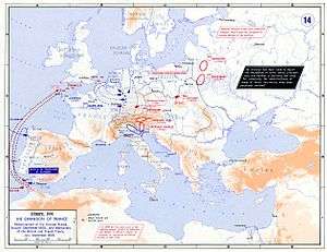 Map showing French armies concentrated in Western Europe. Austrian armies are concentrated in Central Europe and the Russians are heading west from Eastern Europe.
