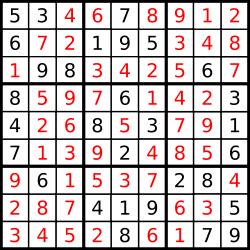 The previous puzzle, solved with additional numbers that each fill a blank space.
