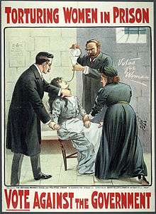  A WSPU poster showing the force feeding of Suffragettes in prison